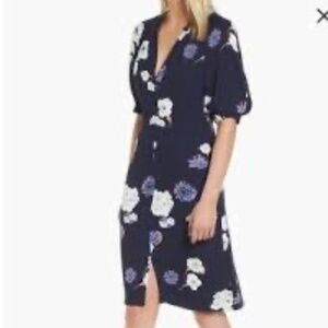 Lewit Navy Blue Floral midi sheath Dress Sz 0 Puff Half Sleeves Lined Split hem